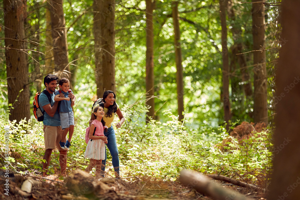 Family With Backpacks Hiking Or Walking Through Woodland Countryside Family With Backpacks Hiking Or Walking Through Woodland Countryside
