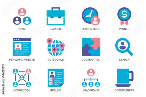 Business People concept of web icons set in simple flat design. Pack of team, career, person hour, winner, outsource, cooperation, resume, leadership, connection. Vector pictograms for mobile app