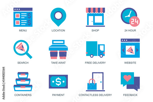 Food Delivery concept of web icons set in simple flat design. Pack of menu, location, shop, 24 hours, search, take away coffee cups, containers, payment, feedback. Vector pictograms for mobile app