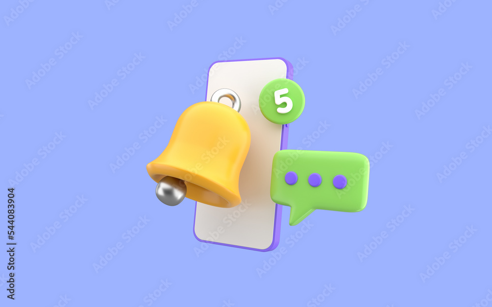 Fototapeta premium Smartphone message with notification bell ring app concept. Big yellow bell with message counter on purple background. 3d rendering