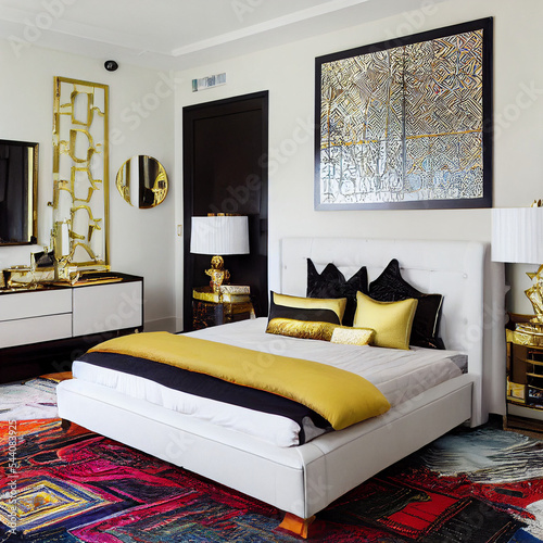 modern living room,gold accents, gaudy decor,patterned rug