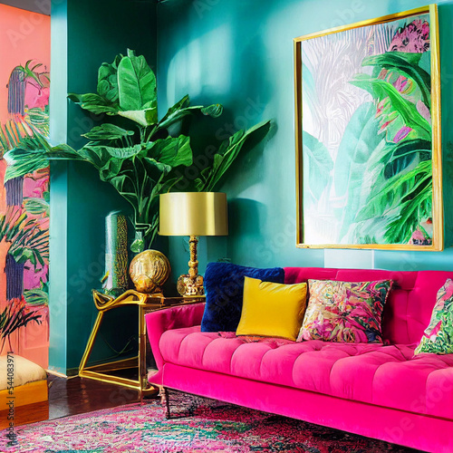 modern living room,gold accents, gaudy decor,patterned rug