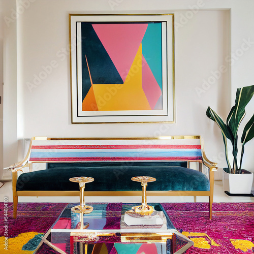 modern living room,gold accents, gaudy decor,patterned rug photo