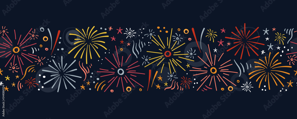 Fun doodle fireworks seamless pattern. Festive, victory, celebrating background. Great for banners, wallpapers, textiles, wrapping - vector design Fun doodle fireworks seamless pattern. Festive, victory, celebrating background. Great for banners, wallpapers, textiles, wrapping - vector design