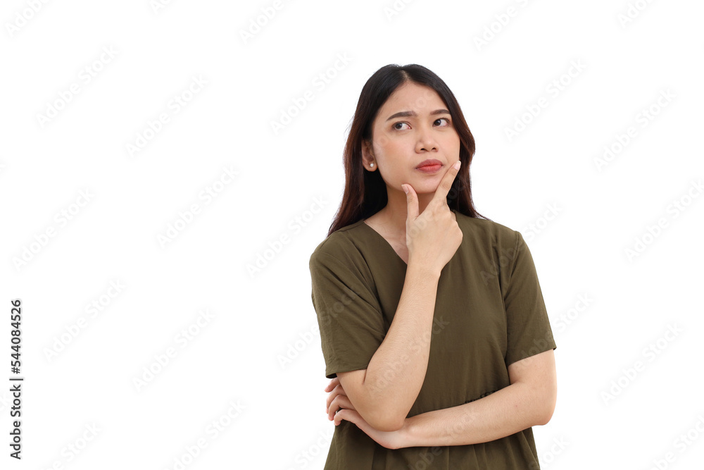 Portrait of beautiful young asian woman standing while thinking something. Isolated on white background Portrait of beautiful young asian woman standing while thinking something. Isolated on white background