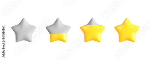 3d rating star item icons. Different levels filling in yellow empty star for animation, game, user interface. Concept of review, qualoty,ranking, arhievement. Loading bar. Vector design element