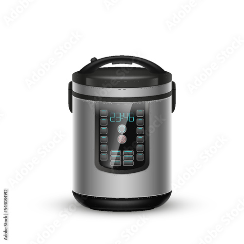 Automatic multi cooker and pressure cooker isolated. Modern stainless steel kitchen appliance
