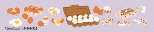 Chicken and quail eggs set. Raw, boiled, fried yellow yolks with broken and whole shell. Farm food packed in cardboard box, plastic container, in cup for breakfast. Isolated flat vector illustrations photo