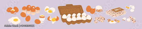 Chicken and quail eggs set. Raw, boiled, fried yellow yolks with broken and whole shell. Farm food packed in cardboard box, plastic container, in cup for breakfast. Isolated flat vector illustrations