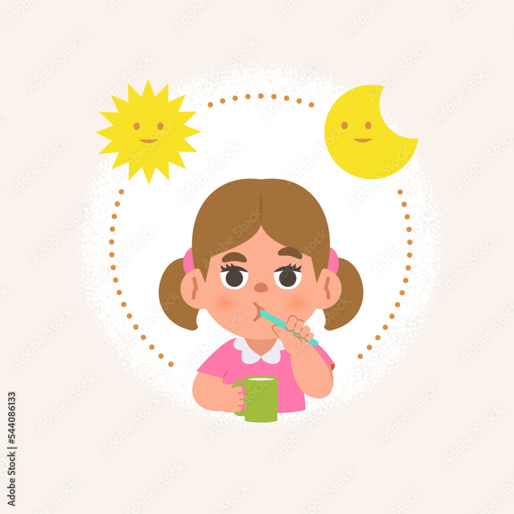 a white girl cleaning teeth with toothbrush by brushing teeth with circle and sun and moon, meaning is daily routine daytime and nighttime brushing teeth. illustration cartoon character vector design. a white girl cleaning teeth with toothbrush by brushing teeth with circle and sun and moon, meaning is daily routine daytime and nighttime brushing teeth. illustration cartoon character vector design.