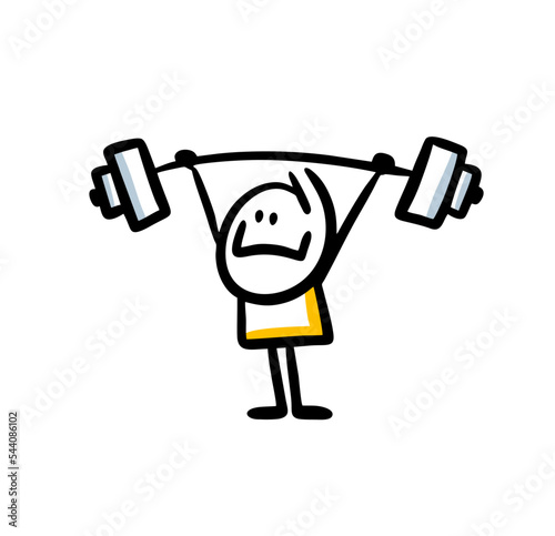 Cute doodle character sportsman lifting weights. Vector image.