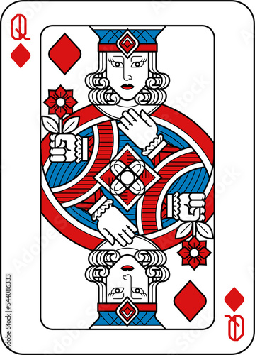 Playing Card Queen of Diamonds Red Blue and Black