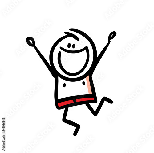 Happy young man in swimming trunks running with rising up hands.