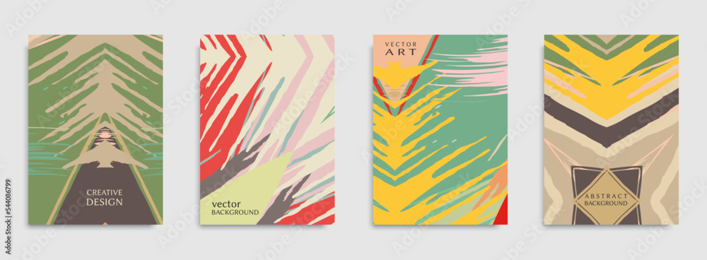 Abstract vector backgrounds set, grunge texture. Trendy brochure templates. Hand drawn brush strokes and geometric elements. Modern minimalistic design for poster, banner, cover, flyer, invitation. A4