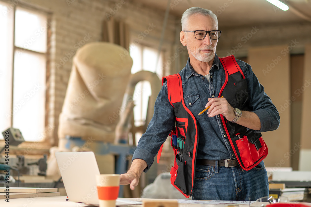 Obraz premium Mature gray-haired man in a carpentry workshop