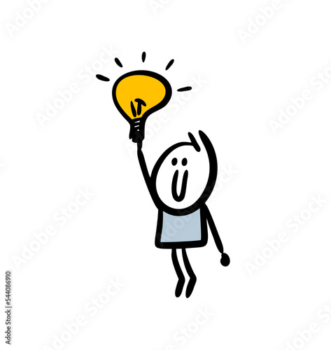 Doodle cute stickman holding a lighting lamp.