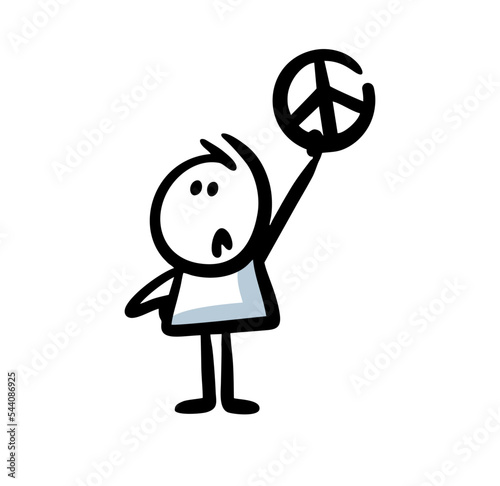 Upset doodle character hand drawn in stick childish style with sign of peace in hand.