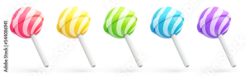 Set of colorful sweet striped cute lollipops isolated on white background. Multicolored round candies on stick in cartoon style. Candy icon set. 3d vector illustration