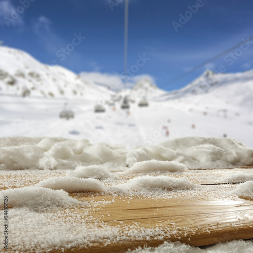 Desk of free space and winter landscape of mountains.  © magdal3na