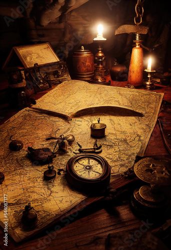 AI generated image of maps with various nautical tools lying on the table of a pirate captain	
