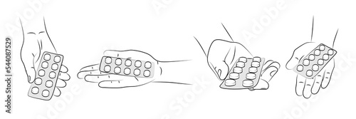 Hand with different gestures holds or gives tablets (pills) in blister pack, close-up. Medical, treatment and healthcare concept. Pharmacy help, medicine drug. Sketch, editable linear contour drawing