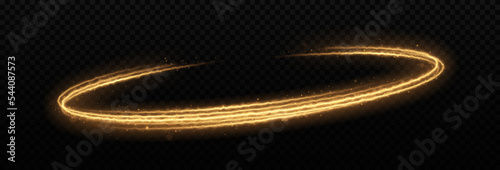 Luminous fire lines with sparkles. Magic shiny circles twirl on transparent background.