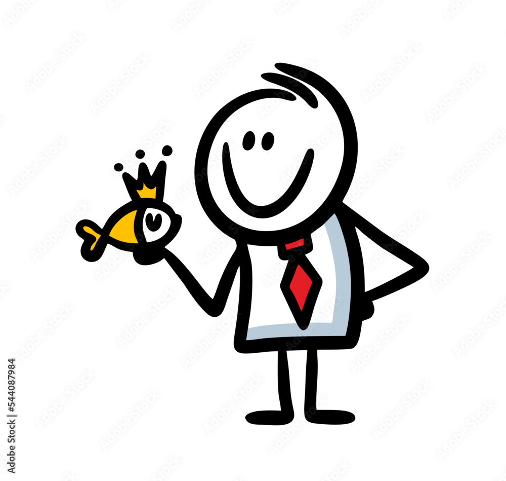 Glad face doodle office character holding golden fish in hand and asking for his wishes. Glad face doodle office character holding golden fish in hand and asking for his wishes.