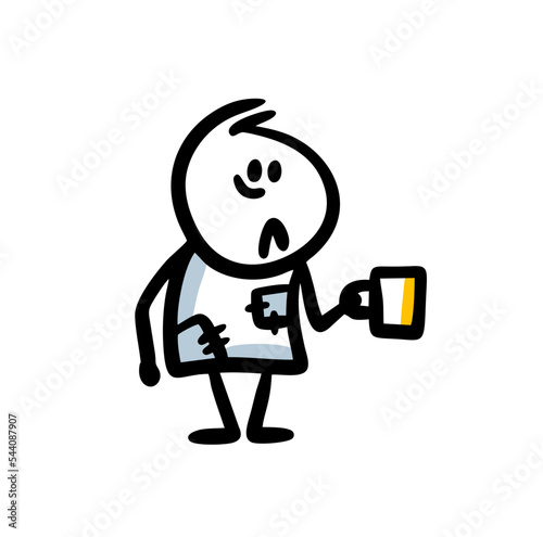 Upset dirty beggar holding a cup and asking for alms outdoor.