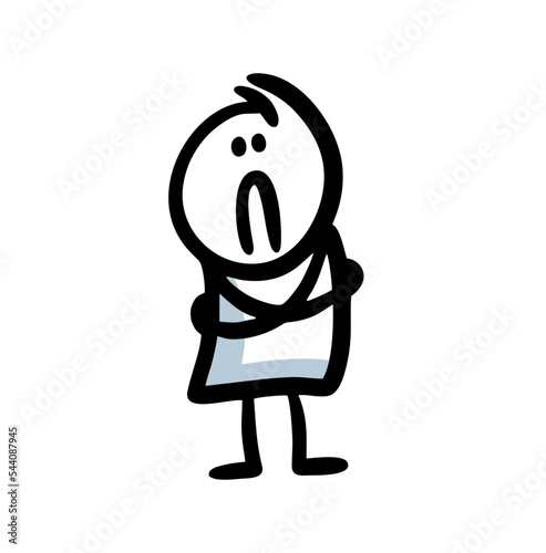 Upset doodle person with frozen body. Vector image.