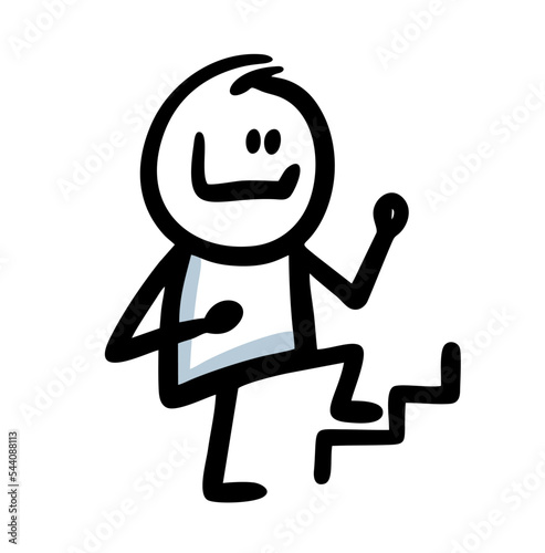 Doodle character climbing up the stairs with positive mood and happy smile.