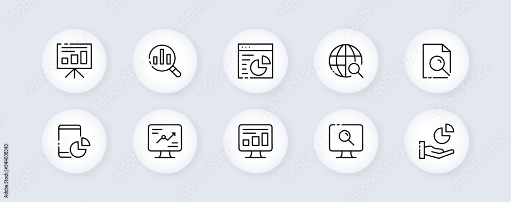 Working infographic set icon. Statistics, chart, diagram, document, gear, magnifier, clipboard, website, settings. Vector line icon for Business and Advertising Working infographic set icon. Statistics, chart, diagram, document, gear, magnifier, clipboard, website, settings. Vector line icon for Business and Advertising