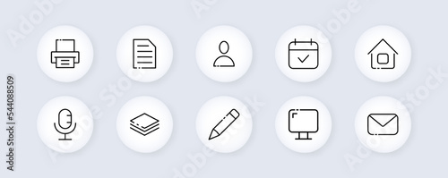Call center services set icon. Phone, landline, document, fax, worldwide, online, contact us, 24, around the clock. Hotline concept. Vector line icon for Business and Advertising