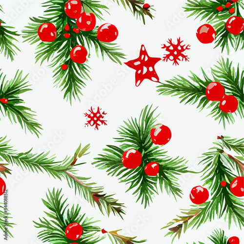 Seamless christmas decoration branch, aquarelle omela endless pattern. Multicolor