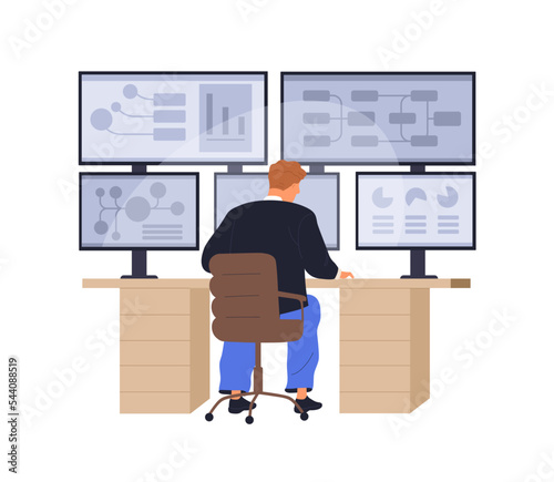 Man at multiple-screen computer for data analysis. Person works with modern information technology system, statistics, database, studies graphs and charts for research. Flat vector illustration