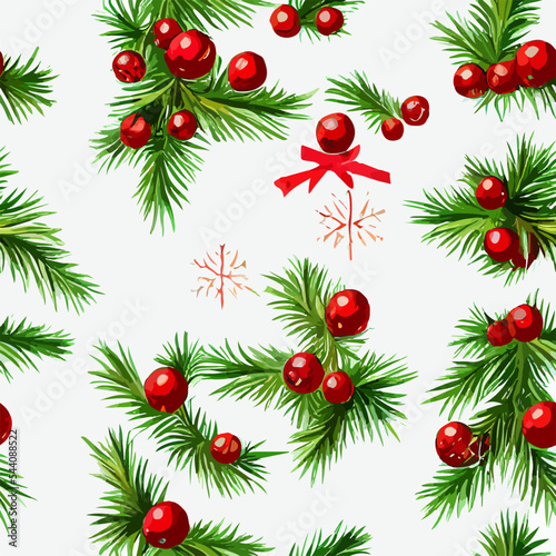 Seamless christmas decoration branch, aquarelle xmas omela endless pattern. Multicolor