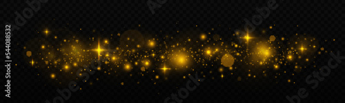 Shiny dust sparks and stars with light effect. Glitter bokeh lights is isolated on a transparent background. Golden glow light effect.