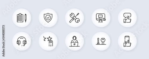 Office worker set icon. PC work, support service, chat, correspondence, rating, star, hotline, operator, website, online consulting. Feedback concept. Vector line icon for Business and Advertising