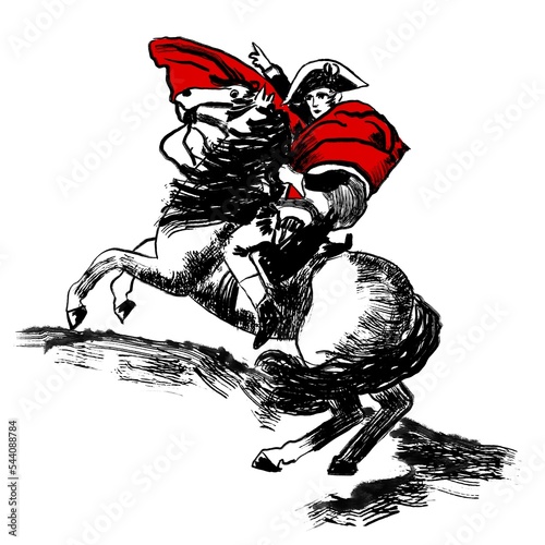 Napoleon crossing alps, french bonaparte emperor on horse, david painting sketch. Black white monocrome ink sketch illustration, minimalist drawing with simple brush strokes.