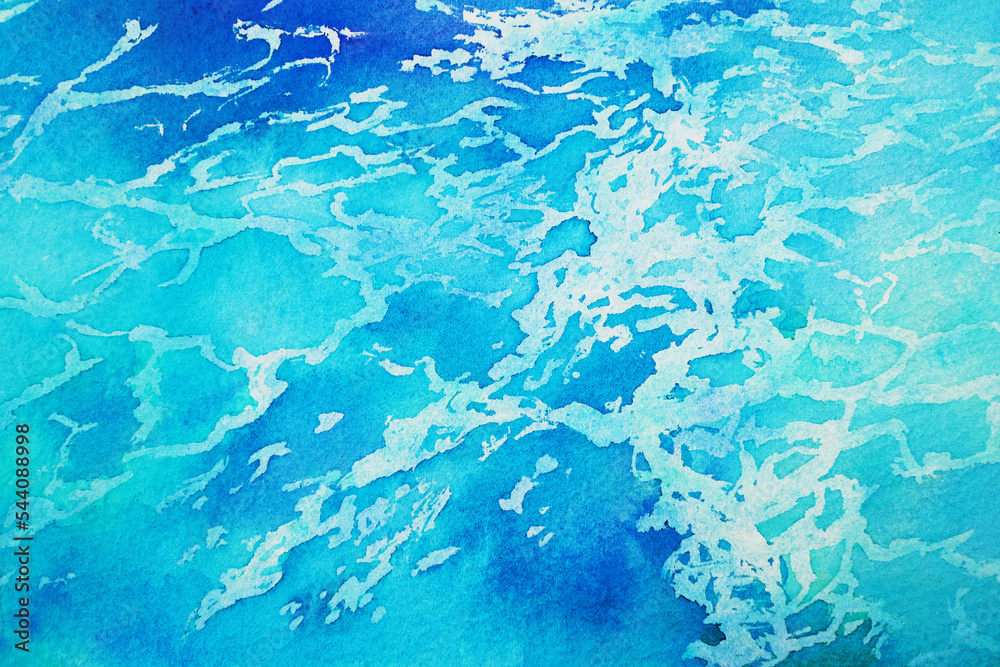 青い海と白い波しぶきの手描きの水彩画
