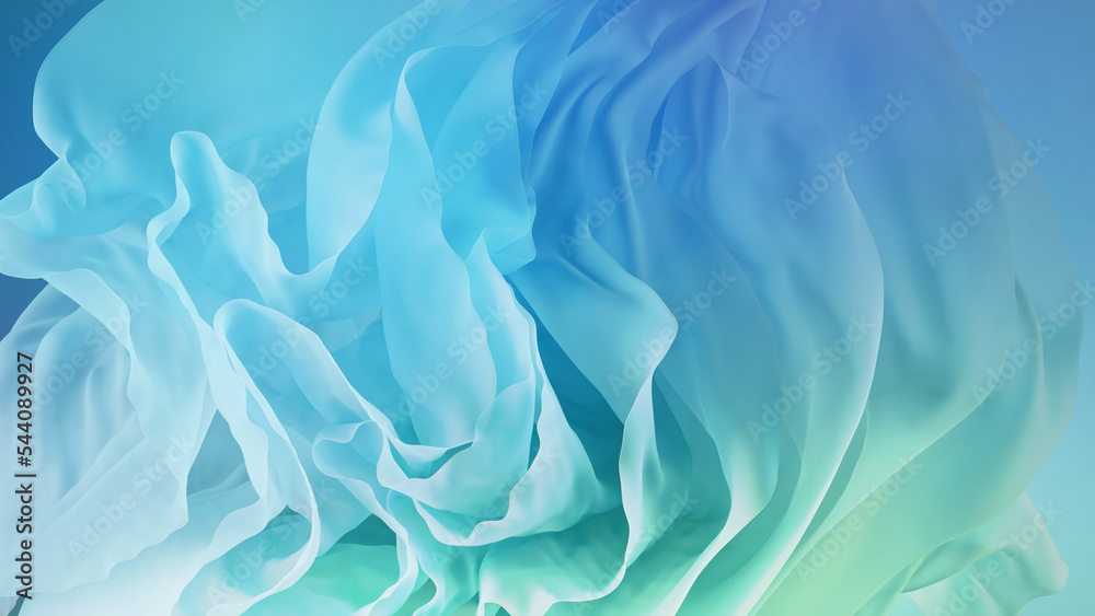 3d render, abstract turquoise blue background of drapery layers and folded textile ruffle, flowing fabric macro, wavy fashion wallpaper