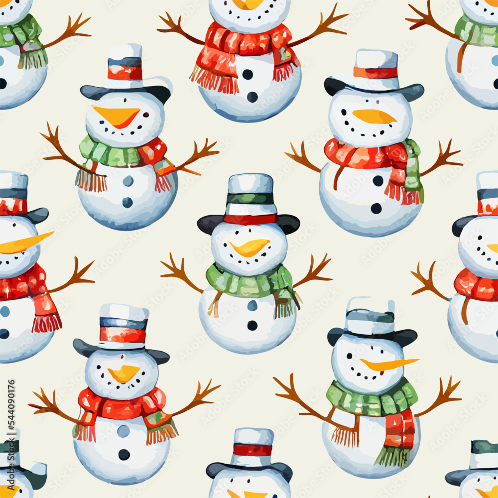 Seamless christmas snowman decoration, aquarelle snowmans endless background pattern. New-year collection