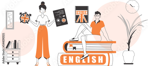 Girl and guy English teacher. The concept of learning a foreign language. Linear modern style.
