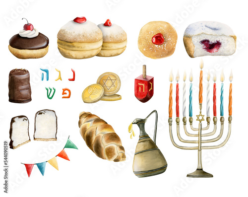 Hanukkah watercolor illustration set Hand drawn, isolated on white background. Jewish donuts, menorah, candles, dreidel, chalah, coins, hebrew letters photo