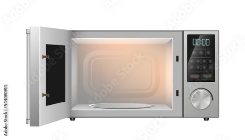 Realistic microwave with open door. Modern kitchen appliance. Domestic electronic equipment photo