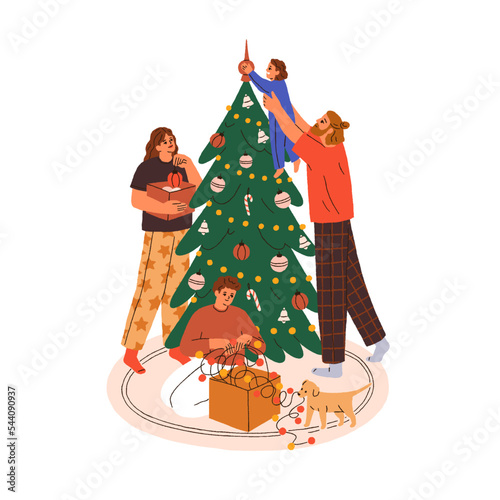 Happy family decorating Xmas fir tree at home. Mother, father and children, t...