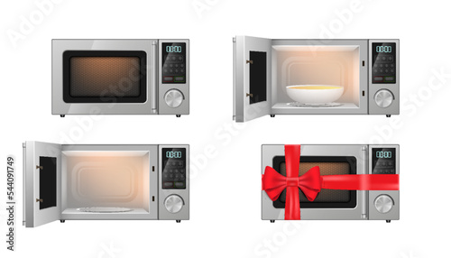 Set of microwaves, modern kitchen appliance for food cooking and heating with plate or gift ribbon