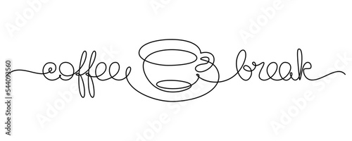 Coffee break inscription in continuous line art drawing style. Time to drink a coffee cup. Black linear design isolated on white background. Vector illustration