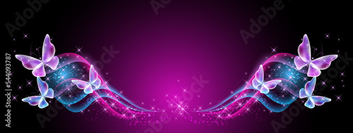 Fantasy banner with flying butterflies, fantastic transparent curving waves and magical glowing stars on black purple background