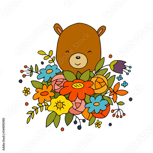 Cute bear with a bouquet of flowers and congratulations. For greeting card happy birthday, March 8, mother's day. Drawn by hand. Doodle. Sketch.