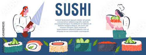 Sushi food banner or flyer hand drawn design with sushists, flat vector illustration isolated on white background.Japanese seafood and sushi restaurant advertisement and promo material.